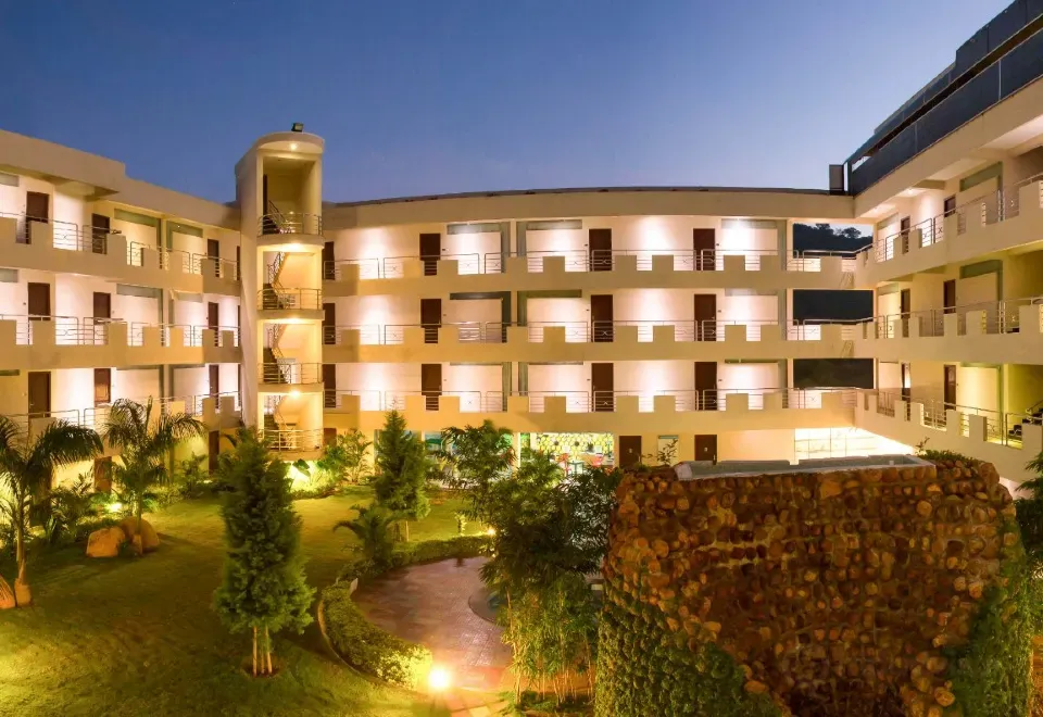 Hotel courtyard and building at night